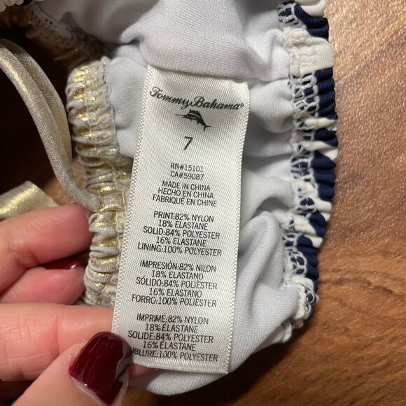 Tommy Bahama Girls Blue White Metallic Gold Striped Ruffled Bikini Top Size 7 - Picture 5 of 6